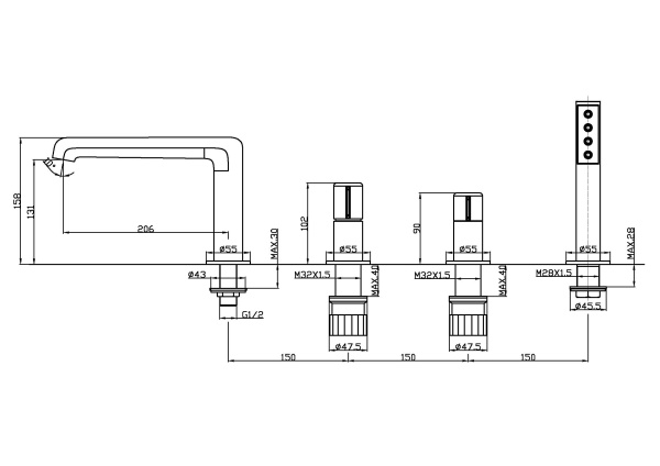 Смеситель на борт ванны BelBagno UNO UNO-BVD4-CRM