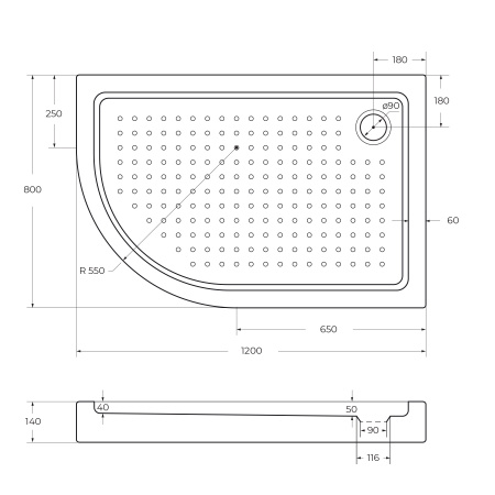Акриловый поддон CEZARES TRAY-A-RH-120/80-550-15-W-R
