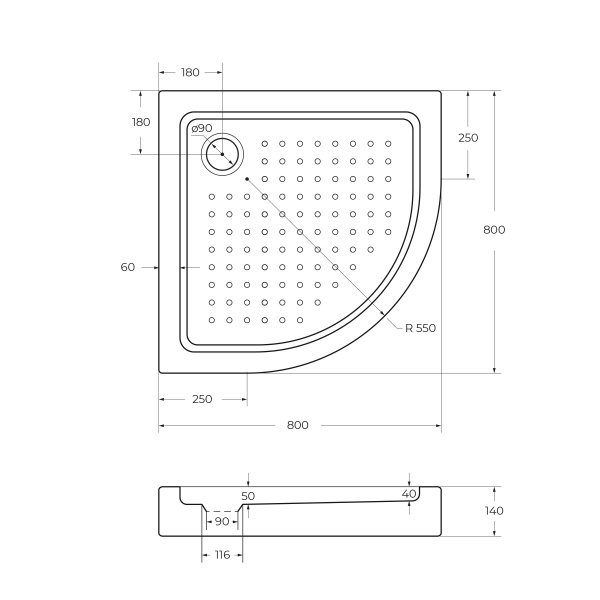 Акриловый поддон CEZARES TRAY-A-R-80-550-15-W