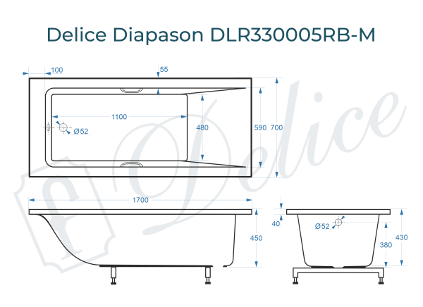 Ванна из литьевого мрамора Delice Diapason 170х70 матовая с черными ручками DLR330005RB-M