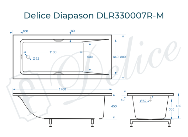 Ванна из литьевого мрамора Delice Diapason 170х80 матовая с ручками Хром DLR330007R-M