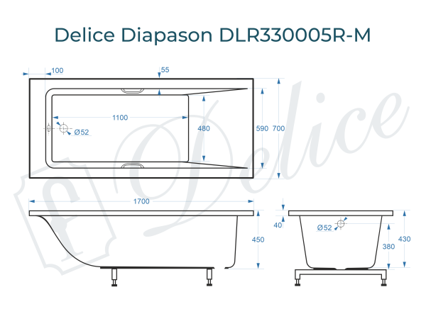 Ванна из литьевого мрамора Delice Diapason 170х70 матовая с ручками Хром DLR330005R-M