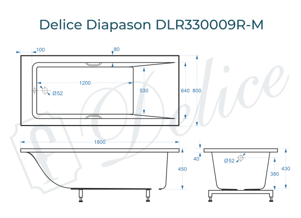 Ванна из литьевого мрамора Delice Diapason 180х80 матовая с ручками Хром DLR330009R-M